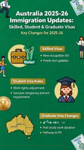 Australia's 2025-26 Immigration Updates: Skilled Visas, Student Rules, and Graduate Changes.