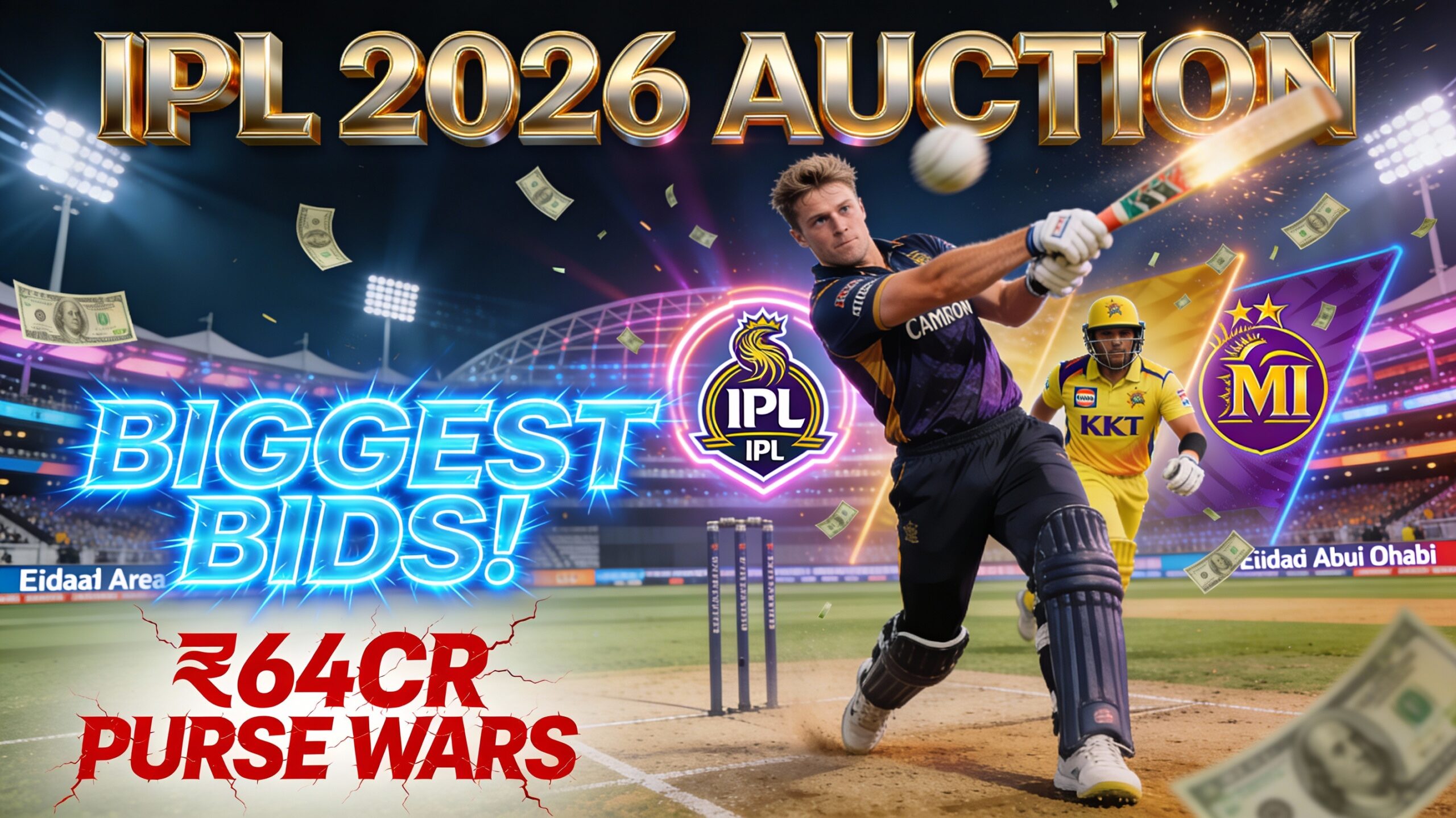 IPL 2026 Auction Preview: ₹64Cr Purse Wars, Cameron Green Bids & Team Strategies. Abu Dhabi showdown tomorrow—full purse breakdown, star players & predictions!