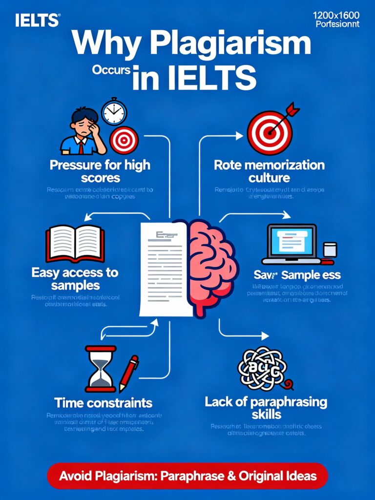 Plagiarism in IELTS, Discover the main reasons plagiarism occurs in IELTS writing, from exam pressure to poor paraphrasing skills, and learn practical tips to stay original and avoid score penalties